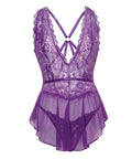 Harmony V-Plunge Lace & Mesh Babydoll W/G-String - Purple
