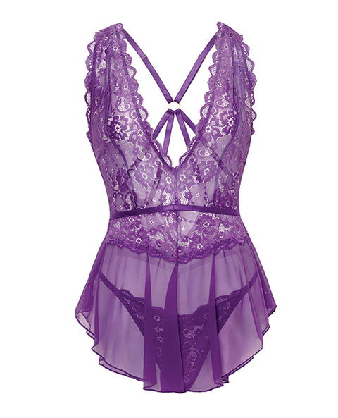 Harmony V-Plunge Lace & Mesh Babydoll W/G-String - Purple