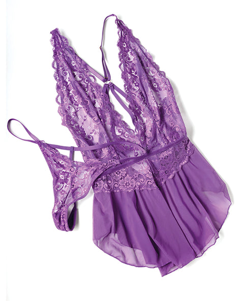 Harmony V-Plunge Lace & Mesh Babydoll W/G-String - Purple