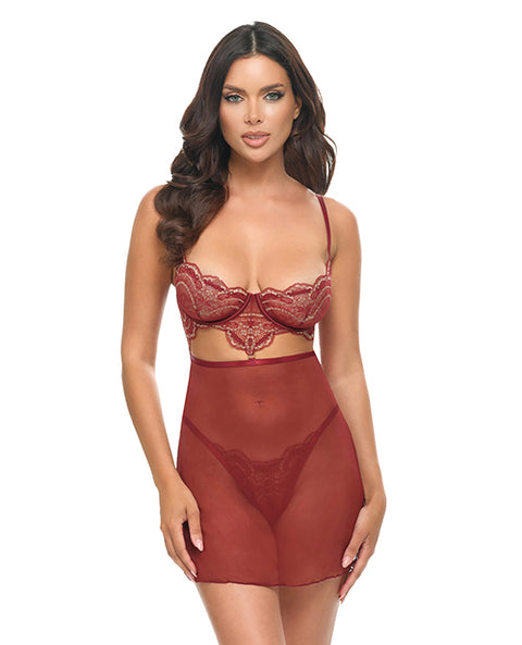 Arielle Unlined Underwire Lace Babydoll W/G-String - Burgundy