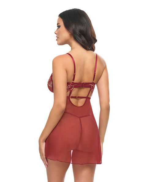 Arielle Unlined Underwire Lace Babydoll W/G-String - Burgundy
