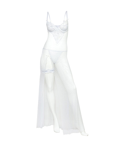 Livia Dot Mesh & Lace Underwire Gown & Garter 2 Pc Set - White