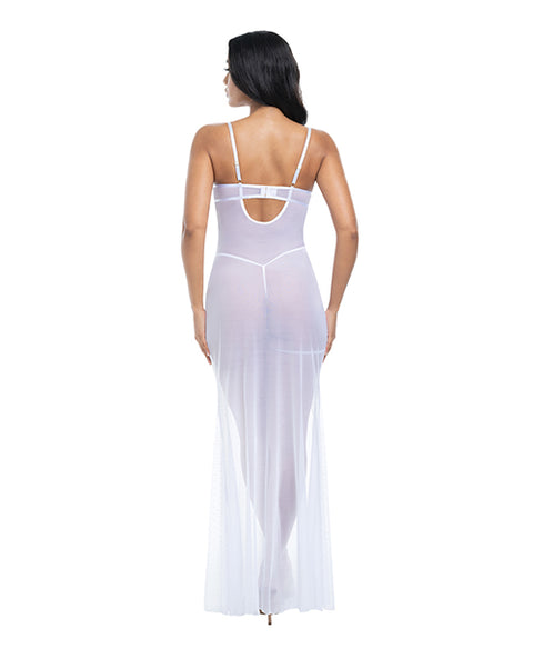 Livia Dot Mesh & Lace Underwire Gown & Garter 2 Pc Set - White