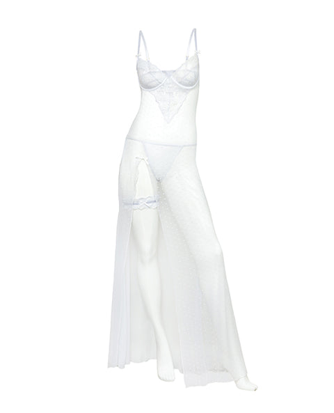 Livia Dot Mesh & Lace Underwire Gown & Garter 2 Pc Set - White