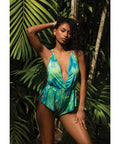 Tropical Dream Romper W/Jungle Print, Flared Leg Opening, & Cheeky Back - Green/Blue