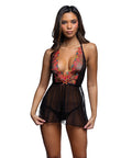 Midnight Rose Multicolor Floral Embroidered Lace Baby Doll - Black/Hot Pink MD