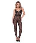Chantilly Stretch Lace Sleeveless Catsuit W/Satin Trim Black