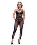 Flirty Fetish Fishnet & Faux Leather Catsuit W/Satin Trim Black