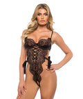 Dreamer's Lust Scalloped Eyelash Lace And Satin Crotchless Teddy - Black