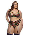 Cherry Delight Embroidered Lace and Mesh Underwire Bra w/Garter & G-String 3 pc Set - Black SM