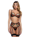 Cherry Delight Embroidered Lace and Mesh Underwire Bra w/Garter & G-String 3 pc Set - Black SM