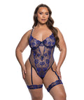Garden Of Eden Metallic Embroidery And Sheer Mesh Garter Teddy - Navy