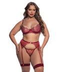 Beaded Belle Metallic Embroidered W/Bead Lace Top, Thong & Garter 3 Pc Set - Red