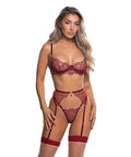 Beaded Belle Metallic Embroidered W/Bead Lace Top, Thong & Garter 3 Pc Set - Red