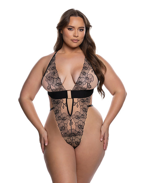 Orchid Blossom Embroidered Teddy - Black/Nude