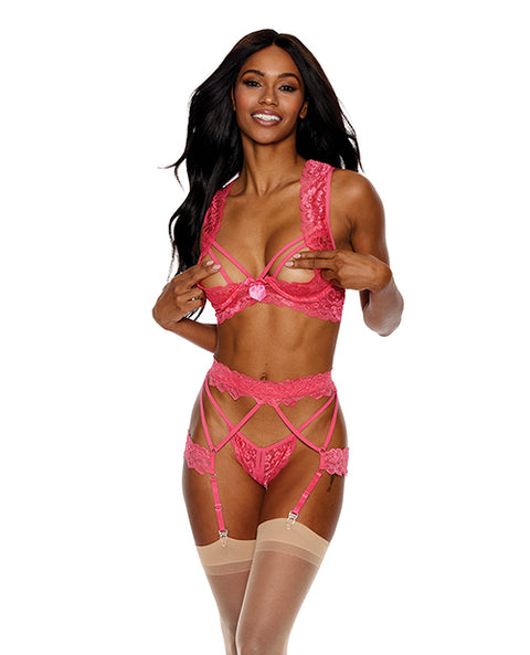 Lace Underwire Peek A Boo Bra, Garterbelt & G-String Coral