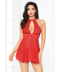 Lace Mesh Babydoll W/Strappy Waist & Panty W/Criss Cross Waistband Red