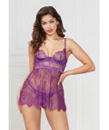 Floral Eyelash Lace Underwire Babydoll w/Thong 2 pc Set - Purple 3X/4X
