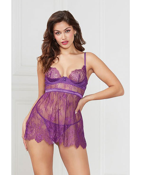 Floral Eyelash Lace Underwire Babydoll w/Thong 2 pc Set - Purple 3X/4X