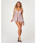 Sheer Mesh & Lace Demi Cup Babydoll & Thong Lavender