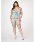 Lace & Mesh Bustier w/Lace Up Center, Garter Belt & Thong Blue XL