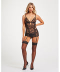 Lace & Mesh Triangle Cup Chemise w/Garters & Thong Black SM