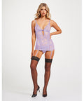 Lace & Mesh Triangle Cup Chemise W/Garters & Thong Lavender