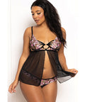 Floral Lace and Mesh Underwire Babydoll w/Open Back Panty 2 pc Set - Black/Pink SM