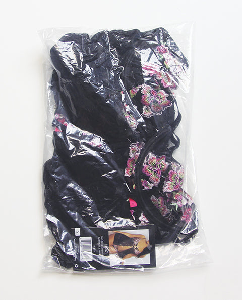 Floral Lace and Mesh Underwire Babydoll w/Open Back Panty 2 pc Set - Black/Pink SM