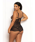 Floral Lace and Mesh Underwire Babydoll w/Open Back Panty 2 pc Set - Black/Pink SM