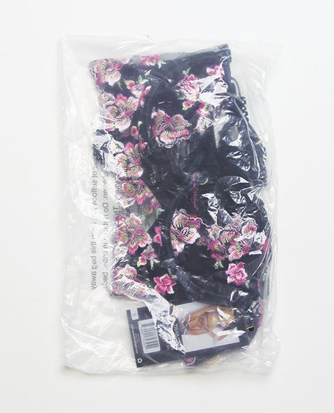 Floral Lace and Mesh Long Line Underwire Bra w/Garter & G-String - Black/Pink 1X/2X