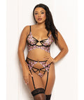Floral Lace and Mesh Long Line Underwire Bra w/Garter & G-String - Black/Pink 1X/2X