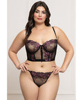Floral Lace and Mesh Underwire Bustier w/Thong 2 pc Set - Black/Purple 3X/4X