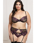 Floral Lace and Mesh Underwire Bra w/Garter & Thong 3 pc Set - Black/Purple MD