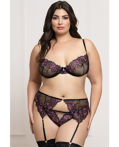 Floral Lace and Mesh Underwire Bra w/Garter & Thong 3 pc Set - Black/Purple XL