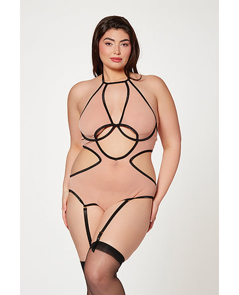 Mesh Cut Out Halter Teddy Nude/Black