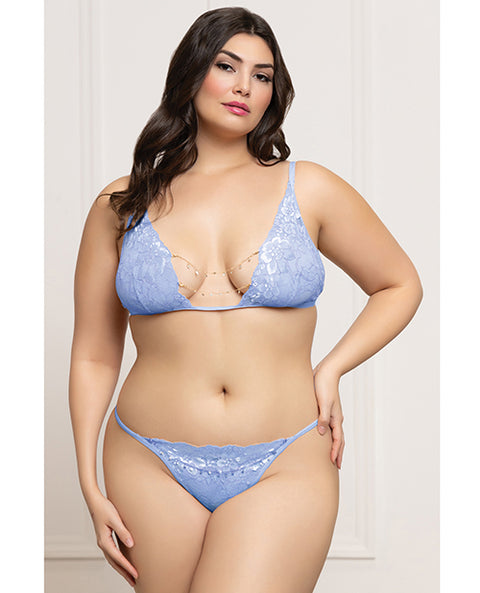 Lace Triangle Top & G-String With Rhinestone Details - Periwinkle Blue