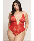 Lace And Mesh Open Crotch Teddy W/Rhinestone Detail - Red
