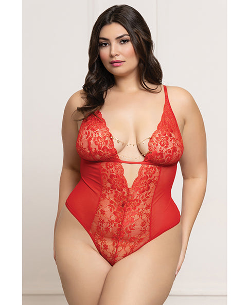 Lace And Mesh Open Crotch Teddy W/Rhinestone Detail - Red