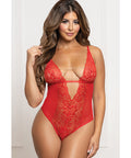 Lace And Mesh Open Crotch Teddy W/Rhinestone Detail - Red