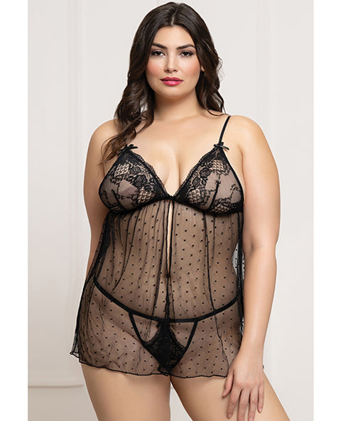 Lace And Dot Mesh Babydoll W/G-String - Black