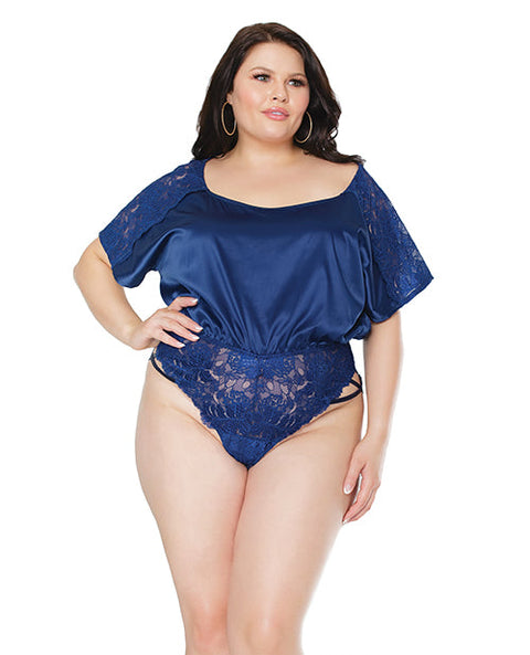 Stretch Satin & Scallop Stretch Lace Off the Shoulder Romper Navy