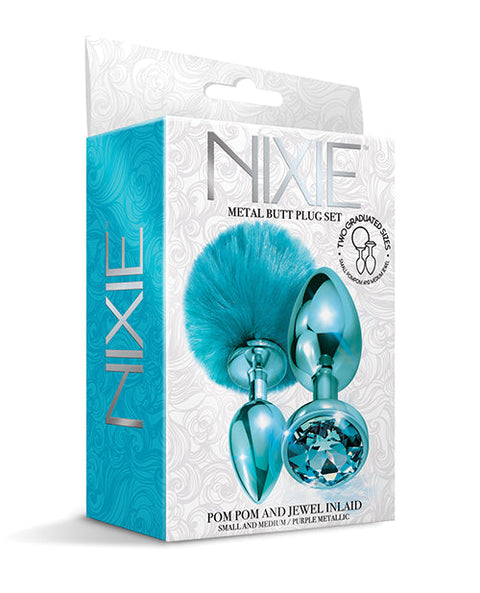 Nixie Metal Butt Plug Set w/Jewel Inlaid & Pom Pom