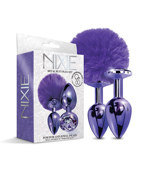 Nixie Metal Butt Plug Set w/Jewel Inlaid & Pom Pom