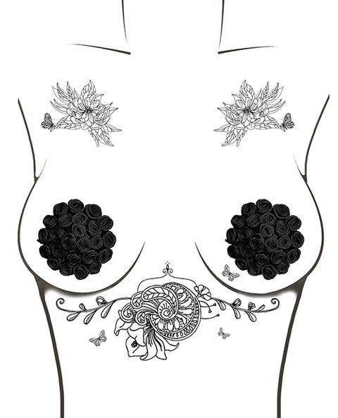 Neva Nude Burlesque Nightfall Roses Reusable Silicone Pasties - Black O/S