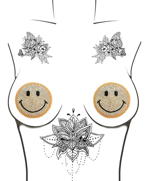 Neva Nude Burlesque Smile Face Jewel Reusable Silicone Pasties - Gold O/S