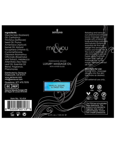 Sensuva Me & You Massage Oil - 4.2 oz Vanilla Sugar Sweet Pea