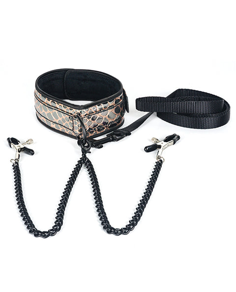 Spartacus Faux Leather Collar & Leash w/Black Nipple Clamps